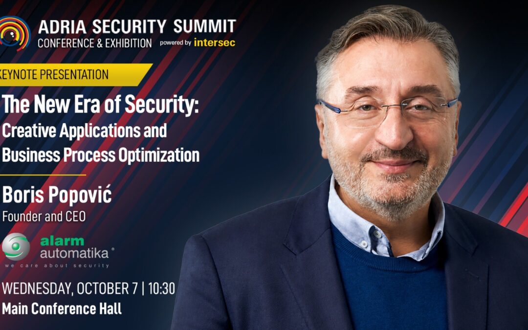 Promotional graphic for the Adria Security Summit Conference & Exhibition, powered by Intersec, announcing a keynote presentation by Boris Popović, Founder and CEO of Alarm automatika. The keynote is titled "The New Era of Security: Creative Applications and Business Process Optimization" and is scheduled for Wednesday, October 7 at 10:30 in the Main Conference Hall. The design features a professional portrait of Boris Popović on the right against a dark blue background with red and blue diagonal accents, while the event branding, keynote title, speaker details, and Alarm automatika logo appear on the left.